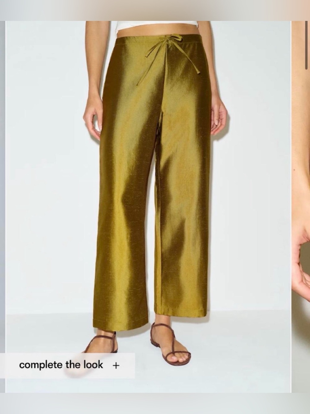 Reformation Olina Green Satin Wide-Leg Drawstring Pants